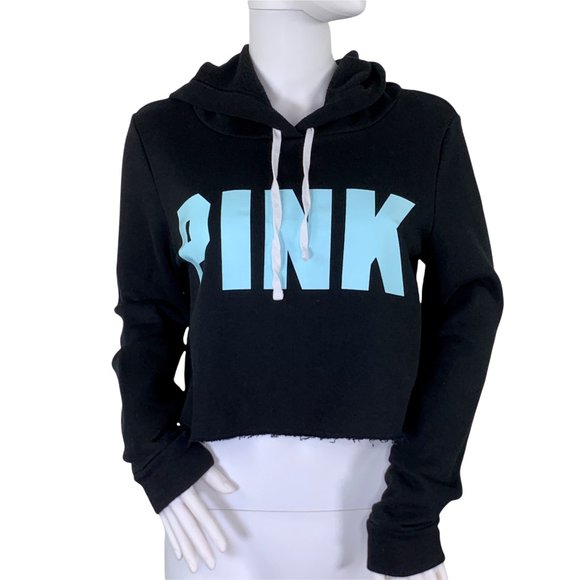 PINK Victoria's Secret Tops - VS PINK Black Graphic Logo Crop Raw Hem Pullover Hoodie Sweatshirt Size Small